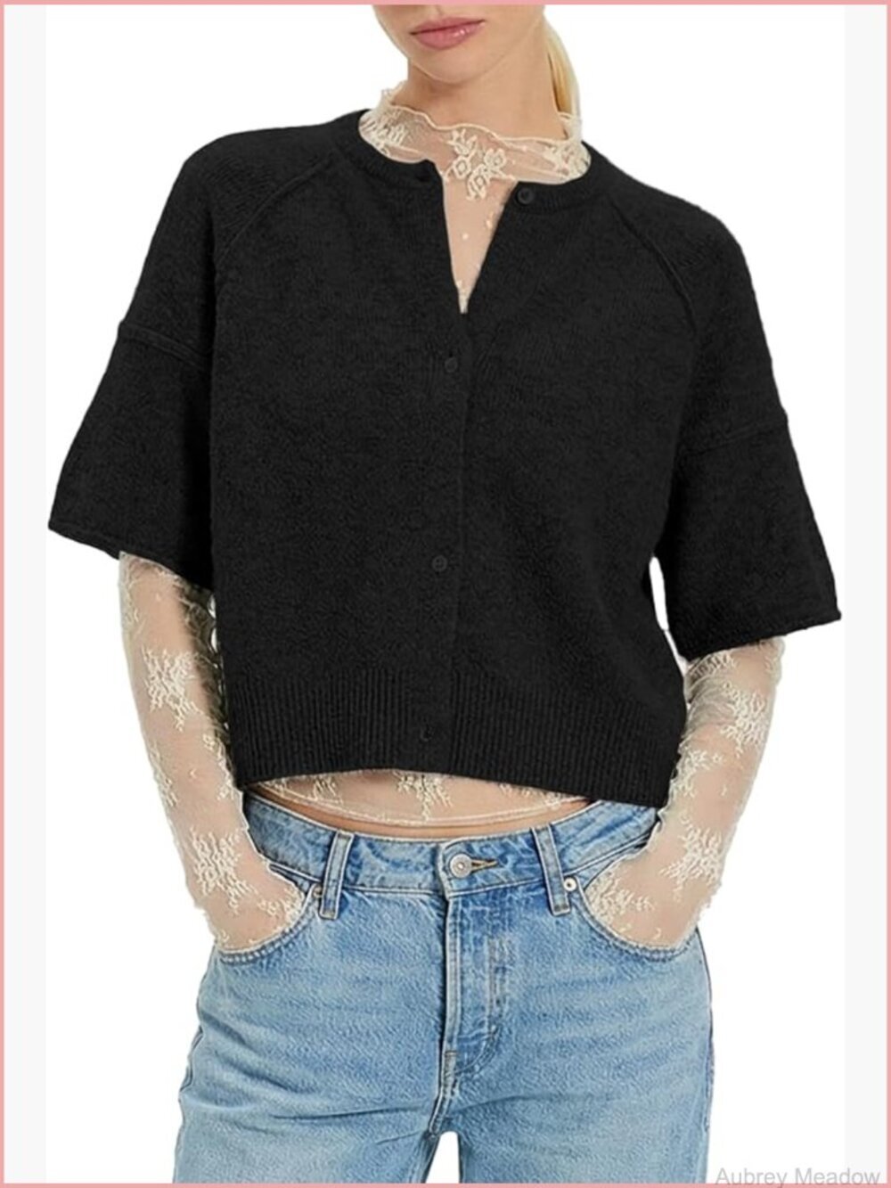 Short Sleeve Cardigan Sweater Crew Neck Button Down Knit Top